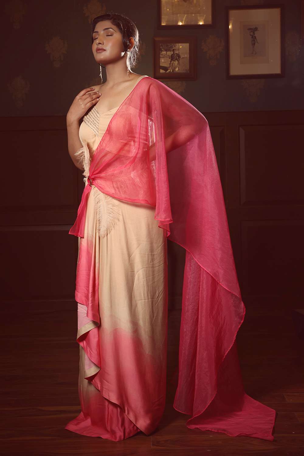 Printed waterfall saree blouse with feather detail