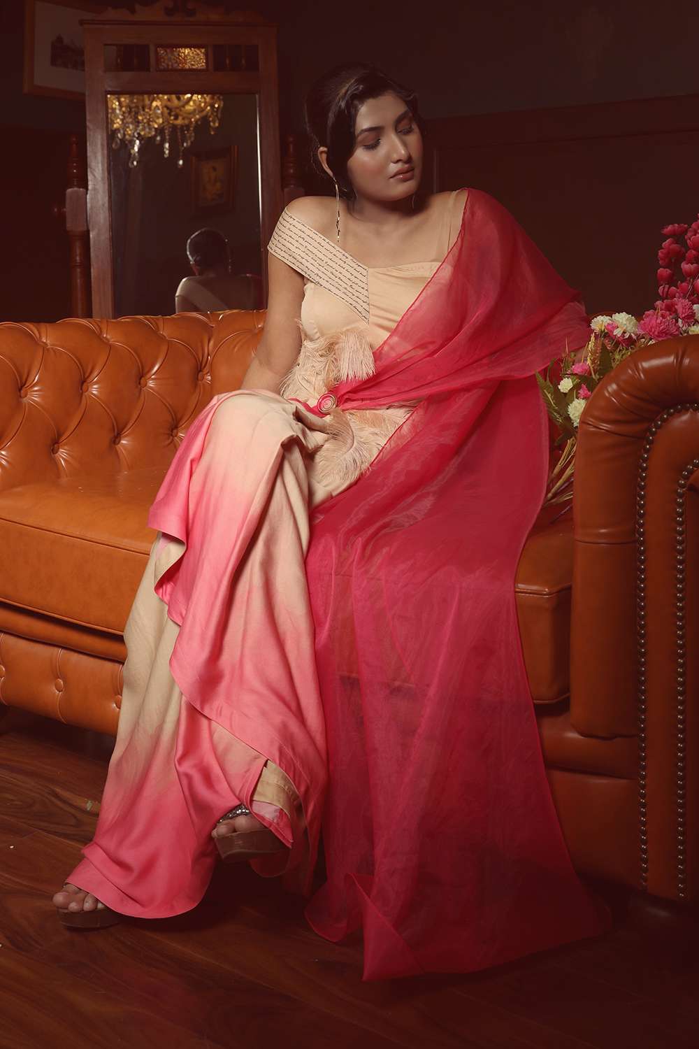 Printed waterfall saree blouse with feather detail