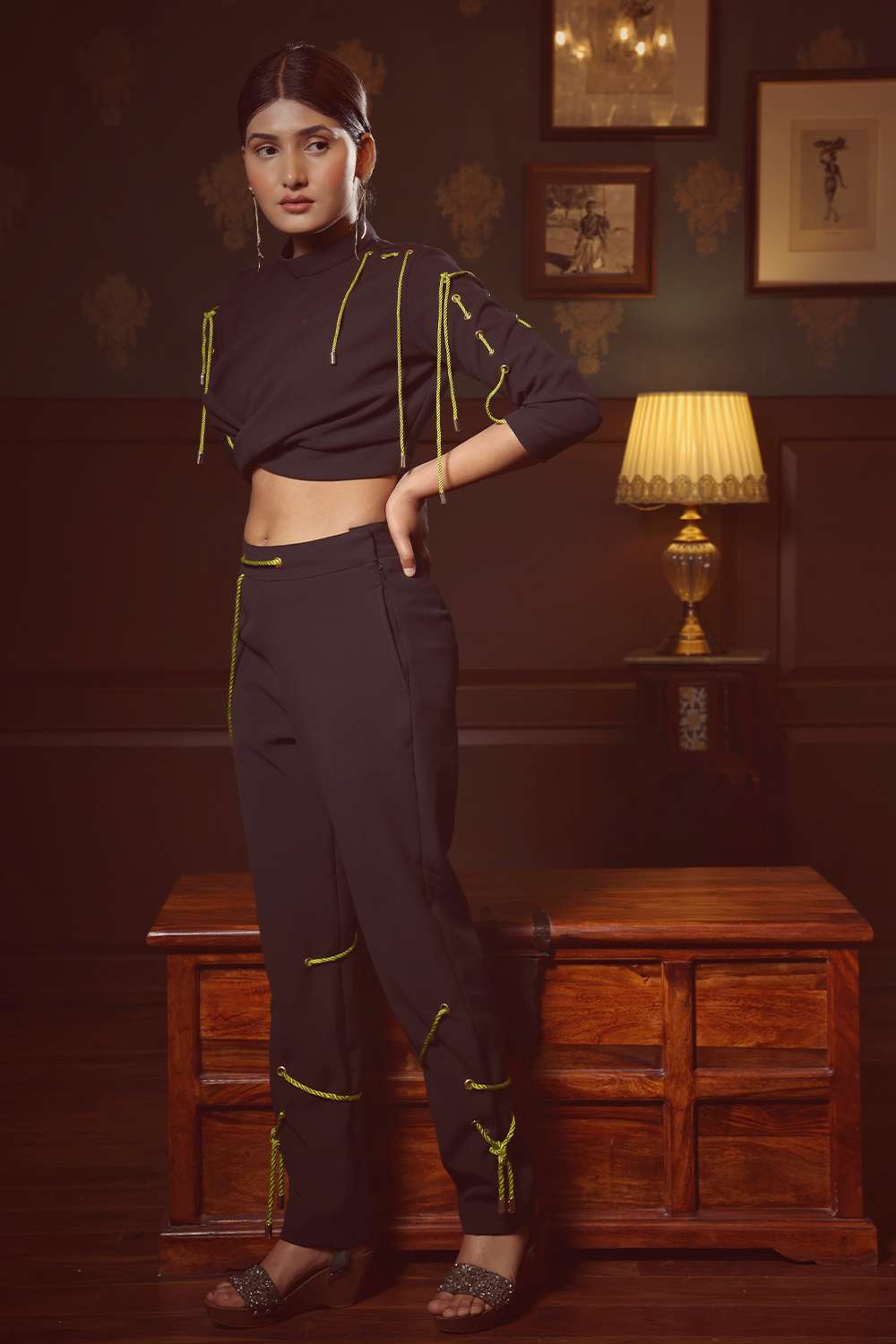 Twisted top with rope detail & wrapped rope pant