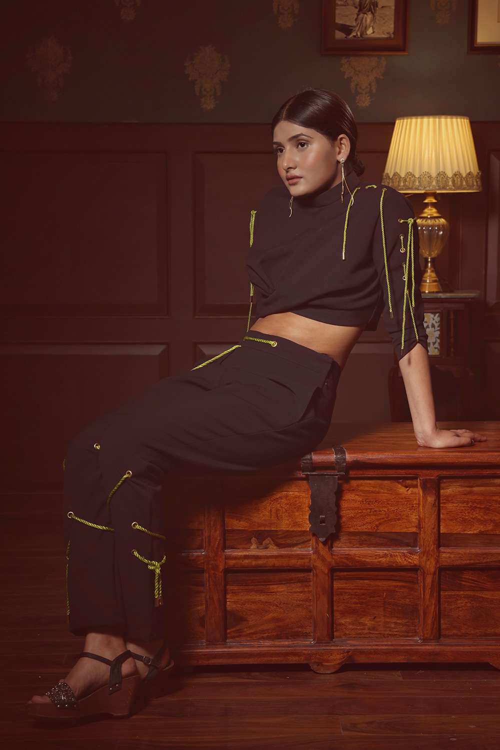 Twisted top with rope detail & wrapped rope pant