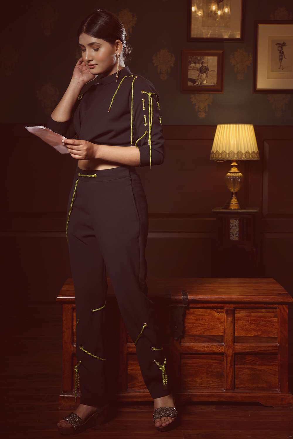 Twisted top with rope detail & wrapped rope pant