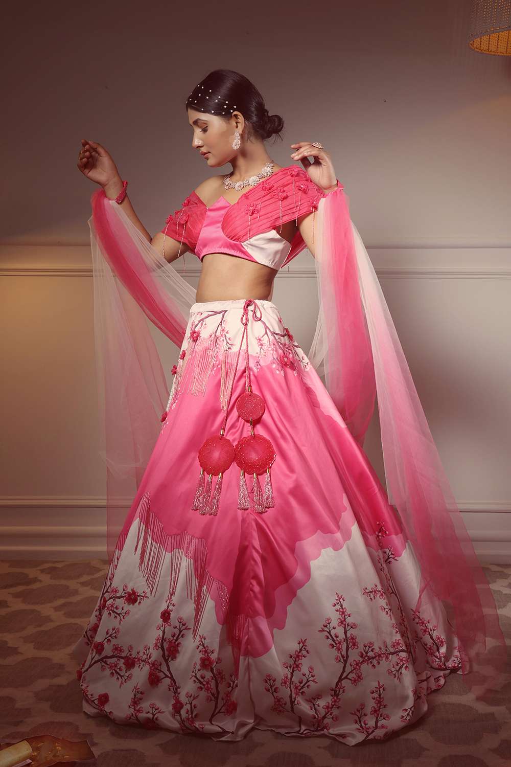 Printed lehenga blouse with 3d flowers and cutdana detail, and a draped dupatta