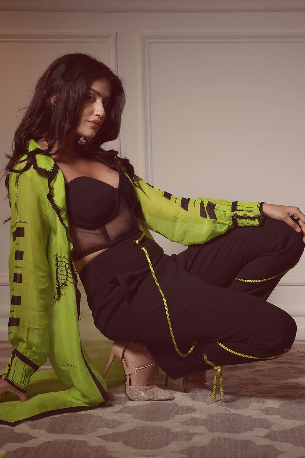 Cover-up jacket with text detail, corset, & wrapped rope pant