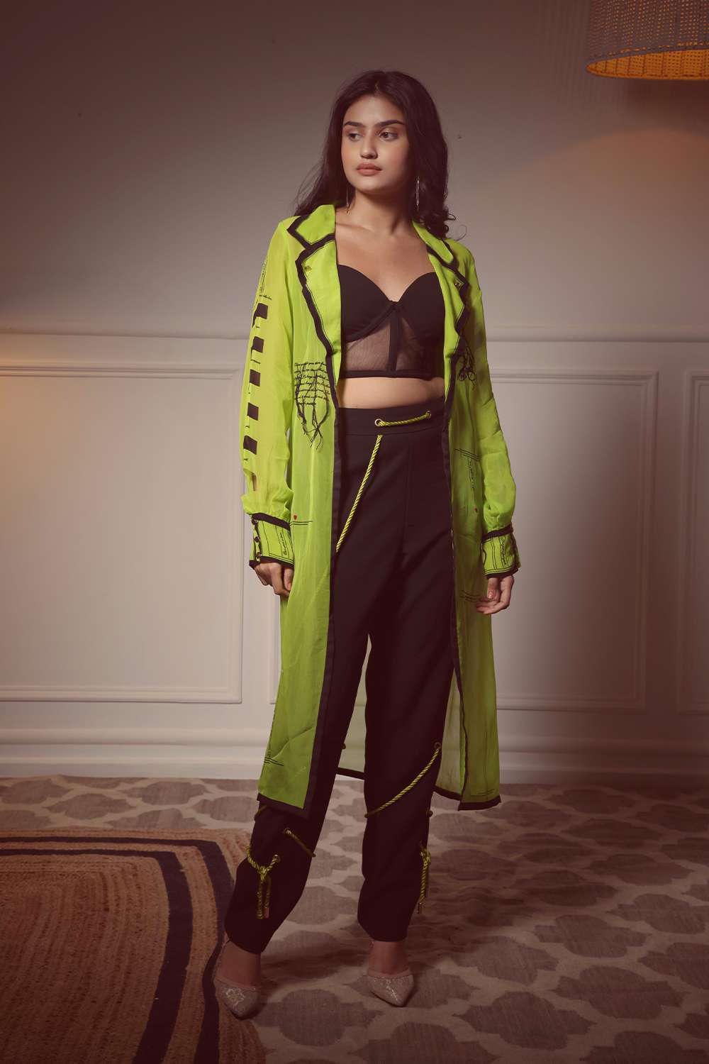 Cover-up jacket with text detail, corset, & wrapped rope pant