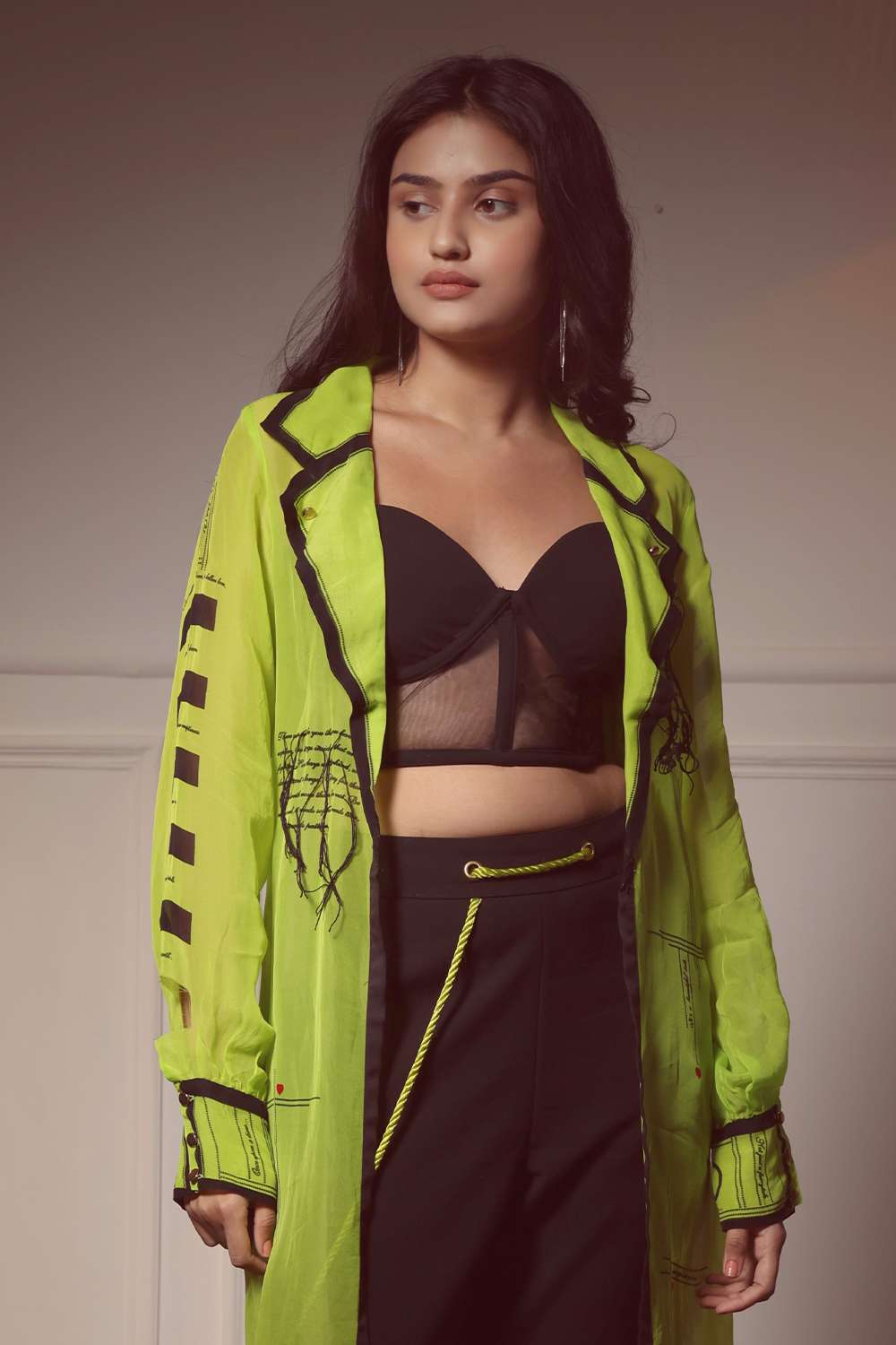 Cover-up jacket with text detail, corset, & wrapped rope pant