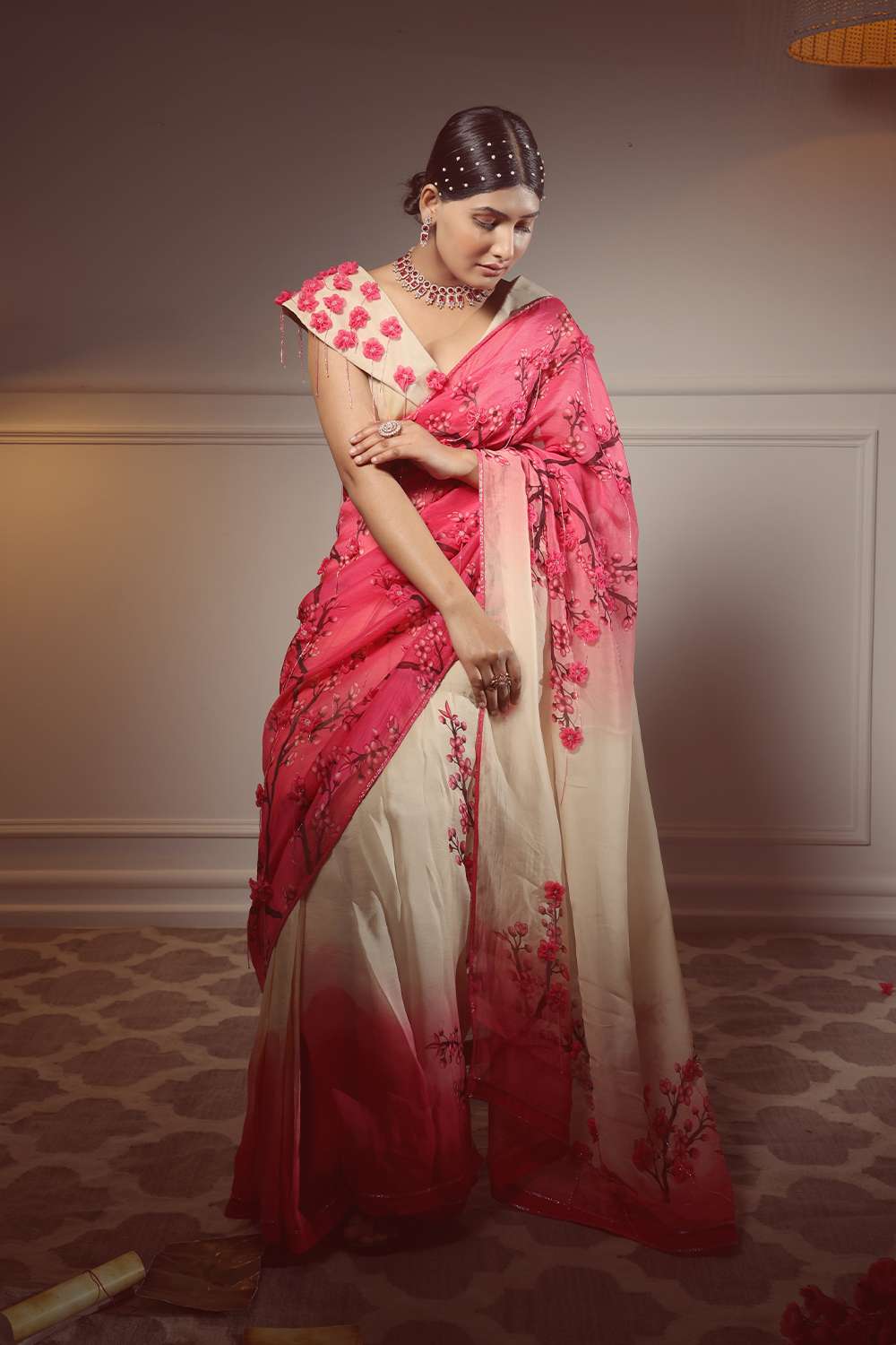 Printed saree blouse with 3D flowers and cutdana detail