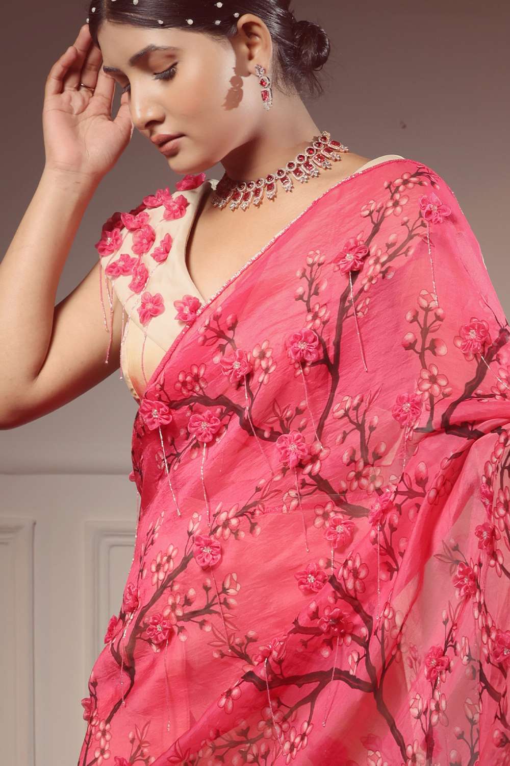 Printed saree blouse with 3D flowers and cutdana detail