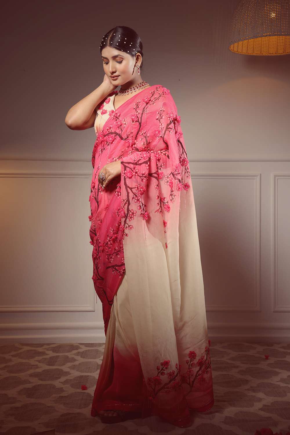 Printed saree blouse with 3D flowers and cutdana detail
