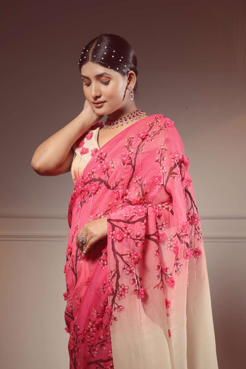 Printed saree blouse with 3D flowers and cutdana detail