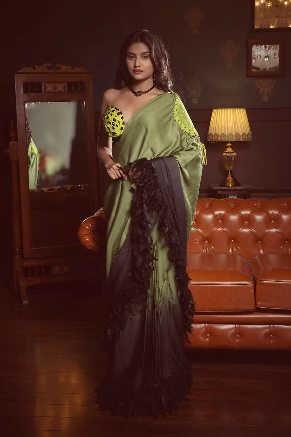 Ombre saree blouse with rope & feather details