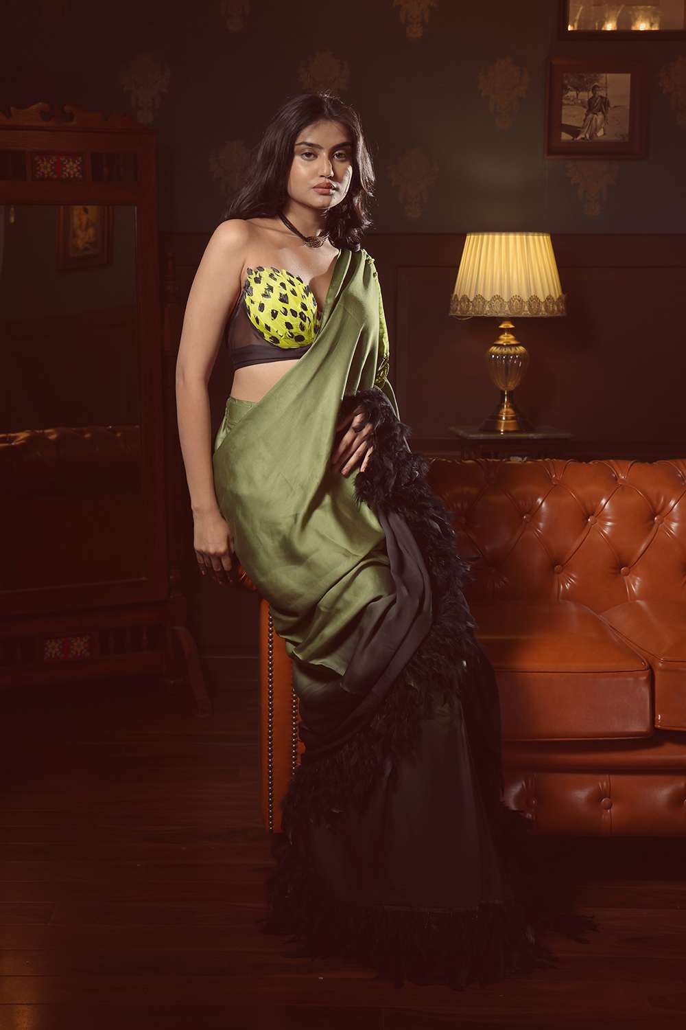 Ombre saree blouse with rope & feather details