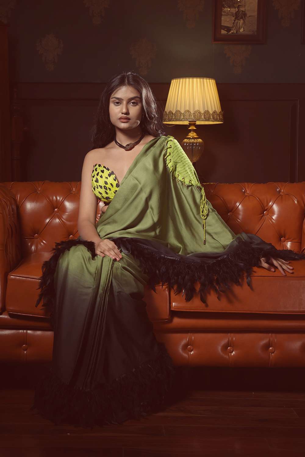 Ombre saree blouse with rope & feather details